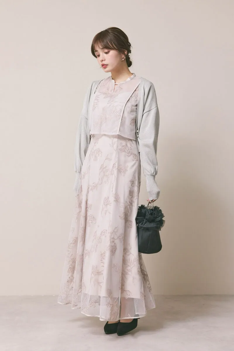 ライトピンクのエンブロイダリーボレロセットドレス