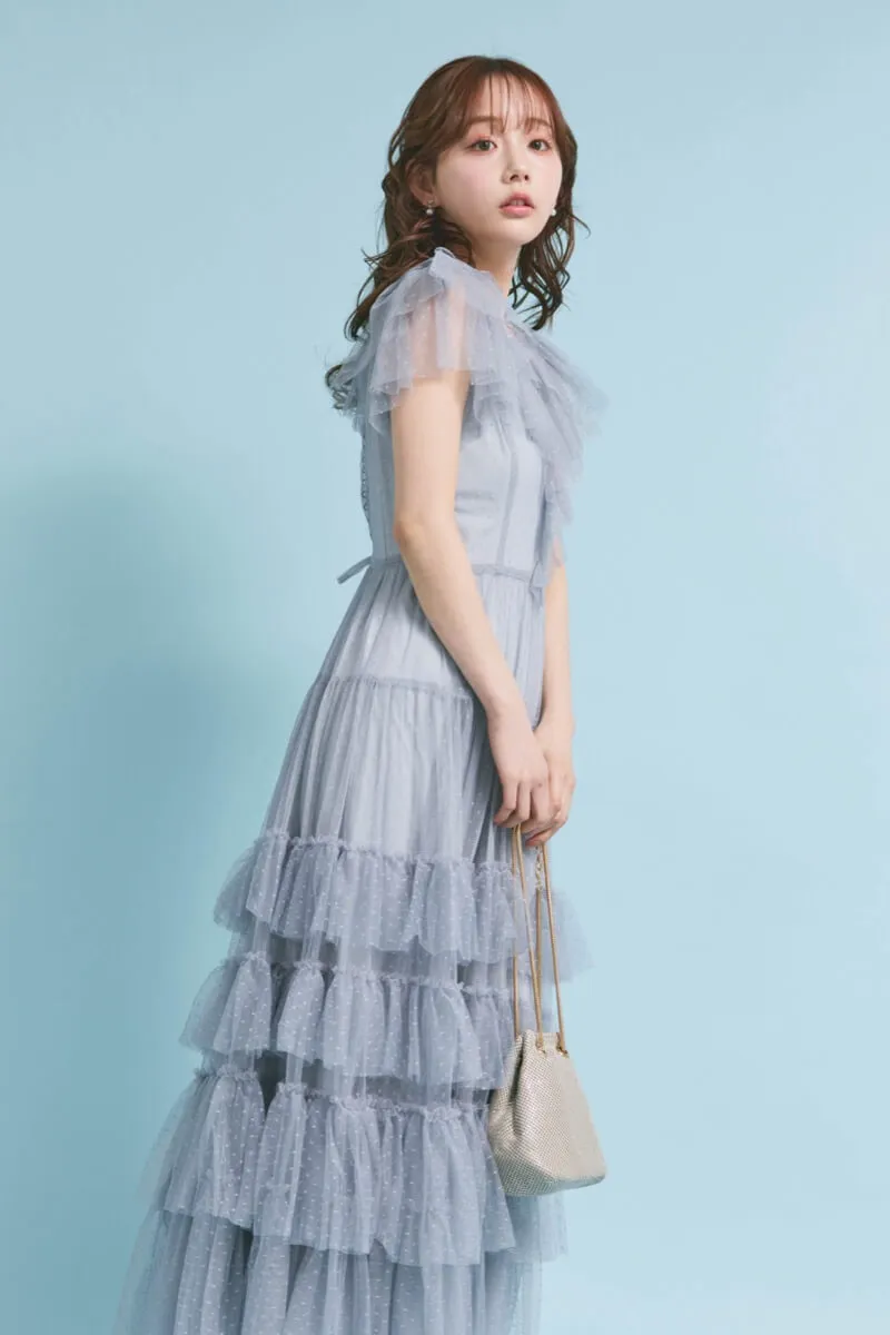 ブルーのチュールティアードドレス