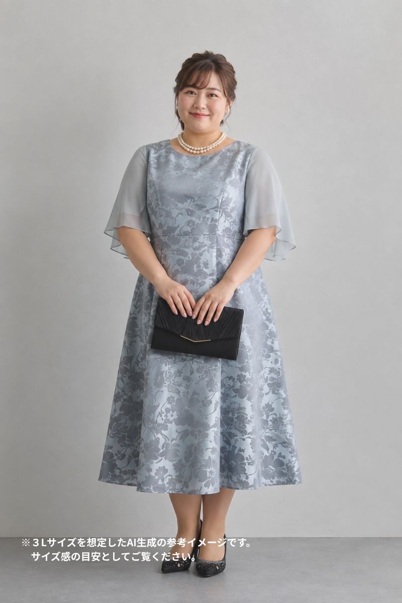 シルバーのシフォンスリーブ花模様ドレス
