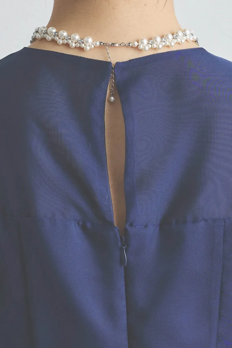 ネイビーのラメ刺繍シフォン切替ロングドレス
