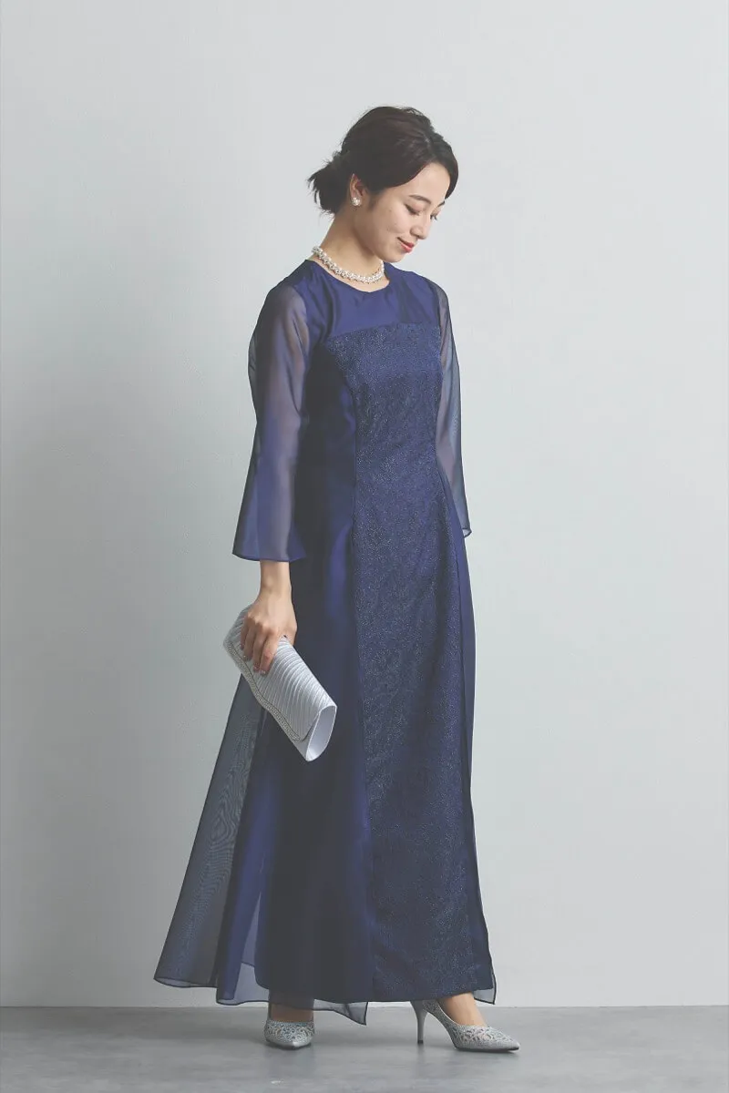 ネイビーのラメ刺繍シフォン切替ロングドレス