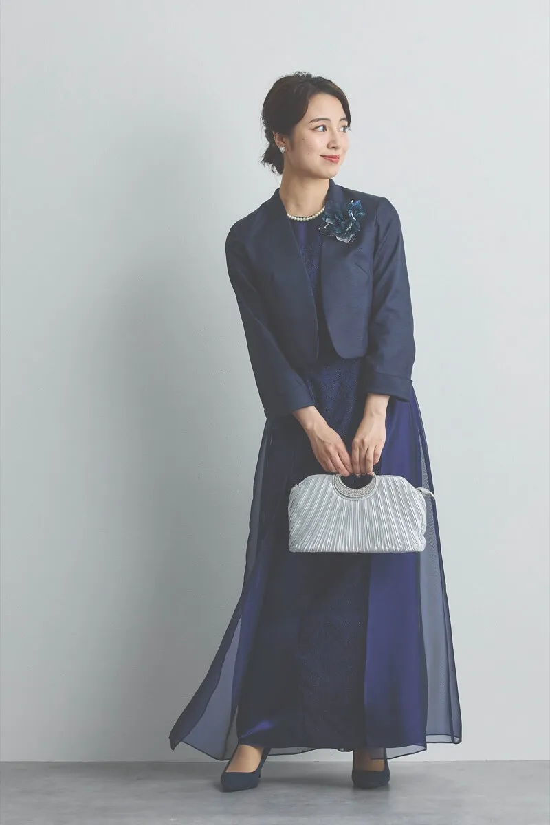 ネイビーのラメ刺繍シフォン切替ロングドレス