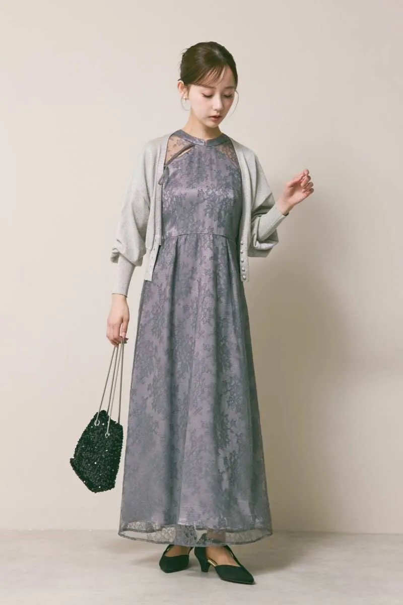 グレーのマオカラーレースドレス