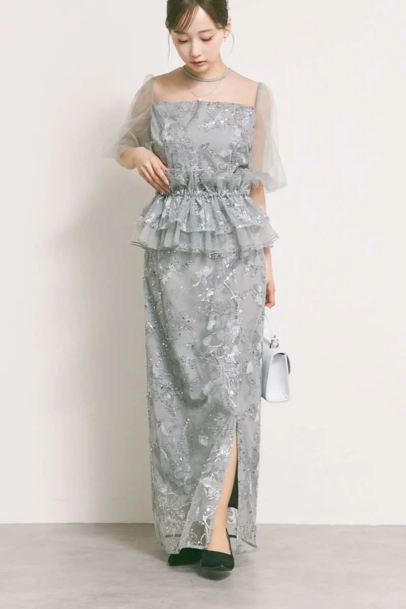 グレイッシュブルーの3wayチュールスパンコールドレス