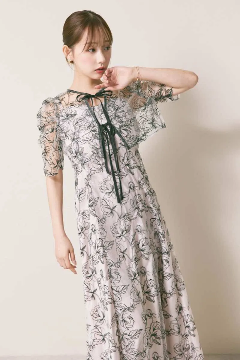 ブラック×ピンクベージュのシアーボレロセットアップドレス