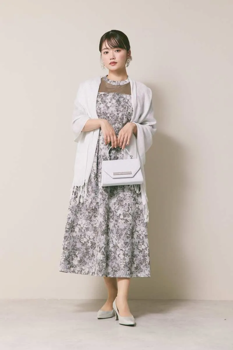 ブラウンのシフォンスリーブジャガードドレス