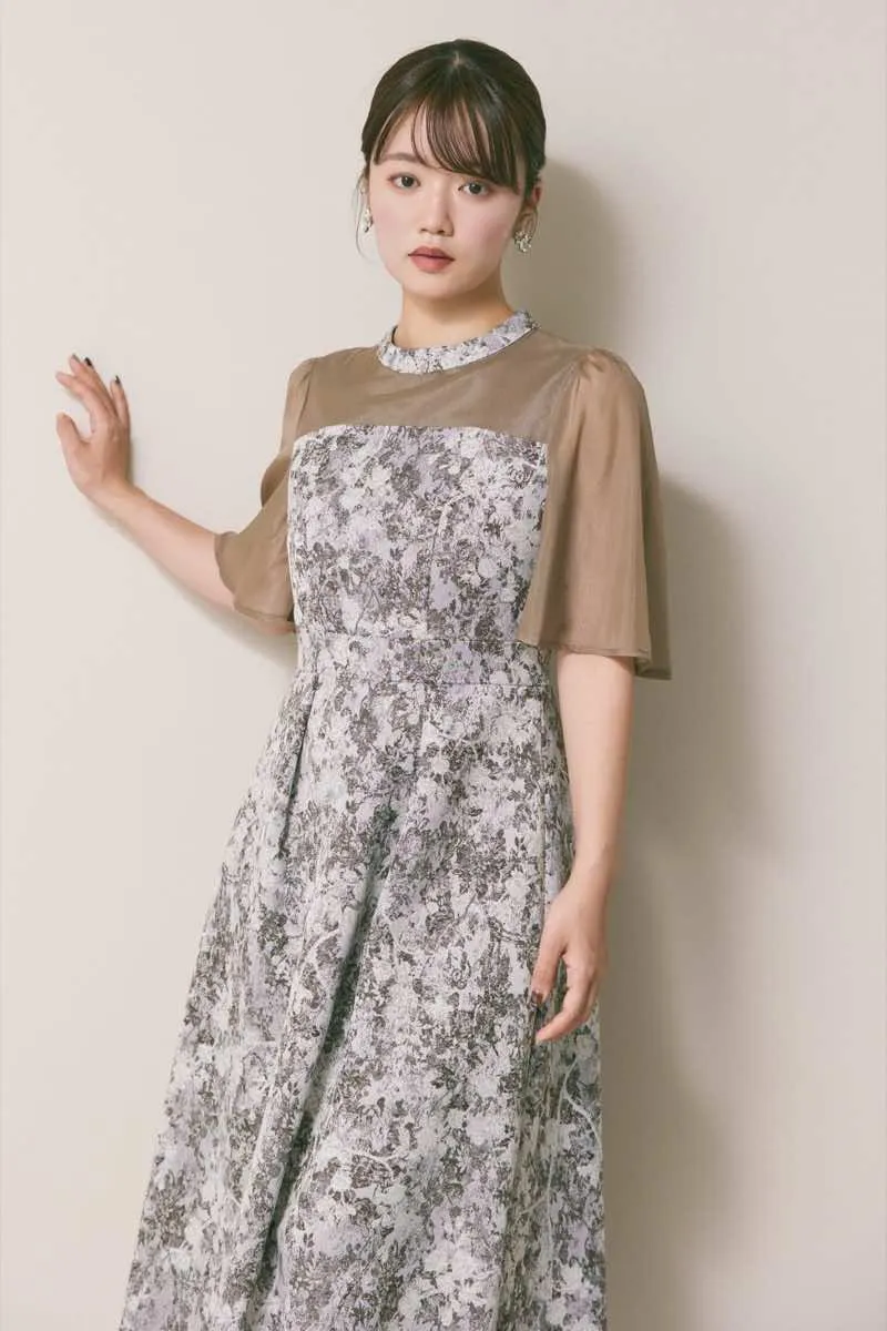 ブラウンのシフォンスリーブジャガードドレス