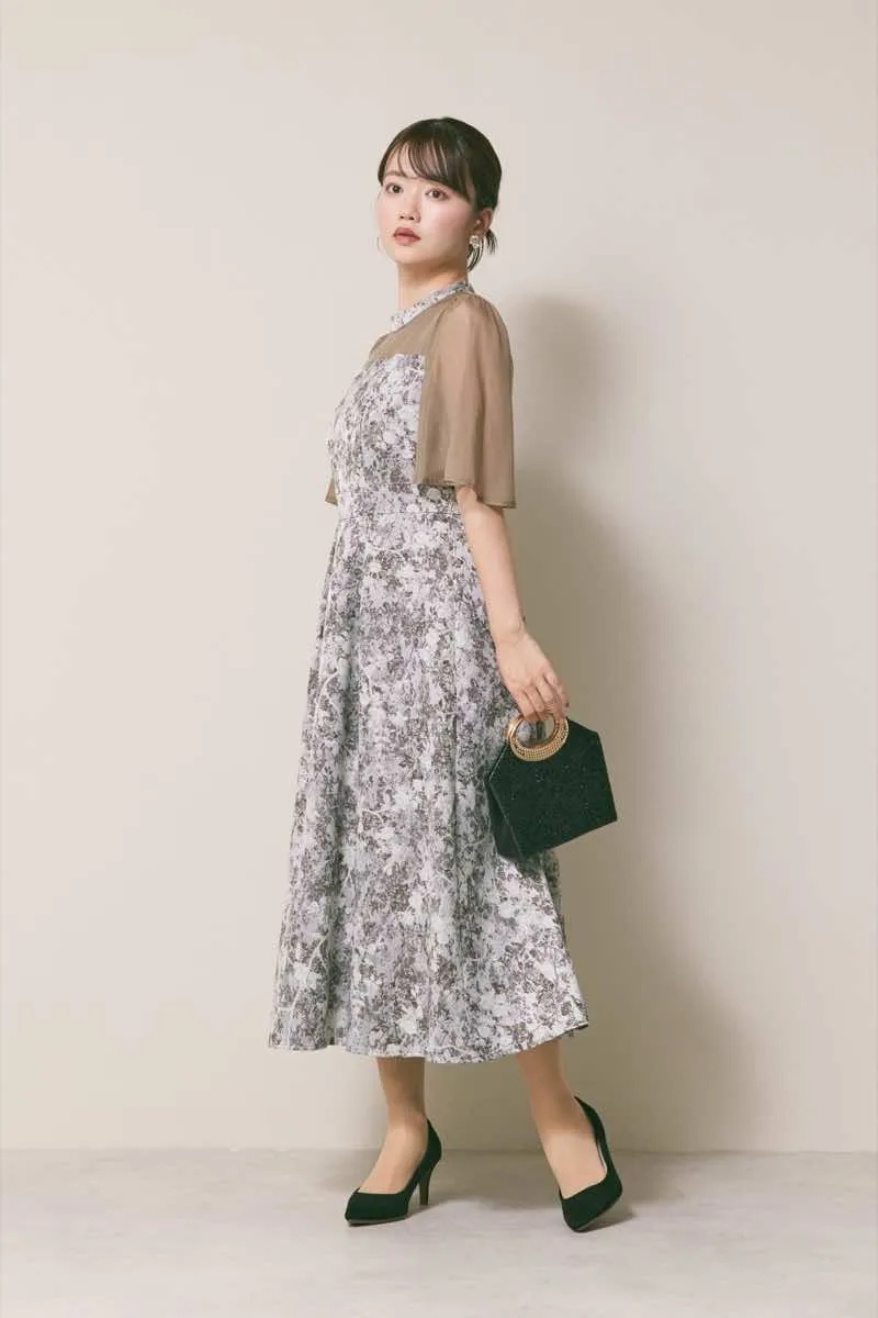 ブラウンのシフォンスリーブジャガードドレス