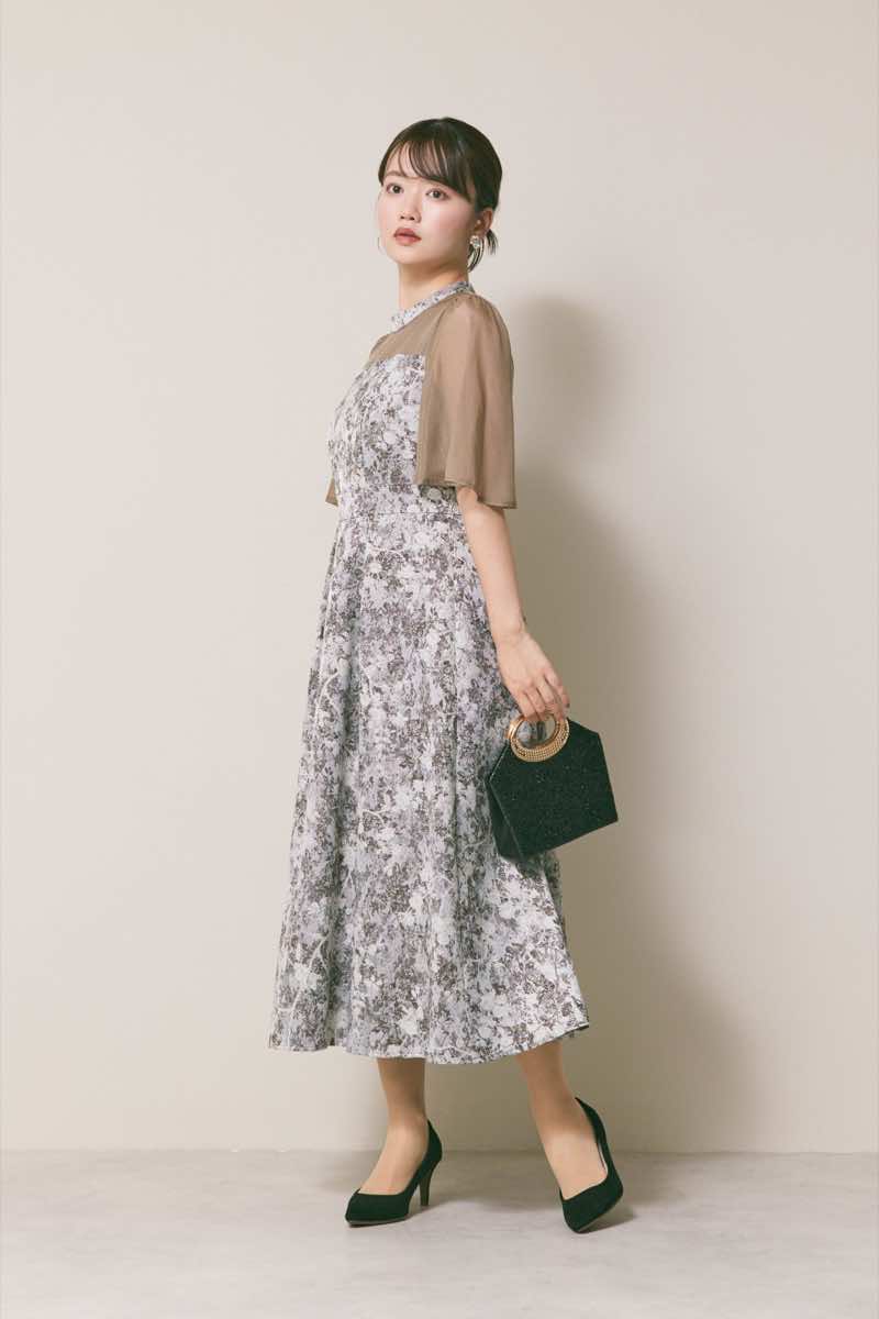 ブラウンのシフォンスリーブジャガードドレス