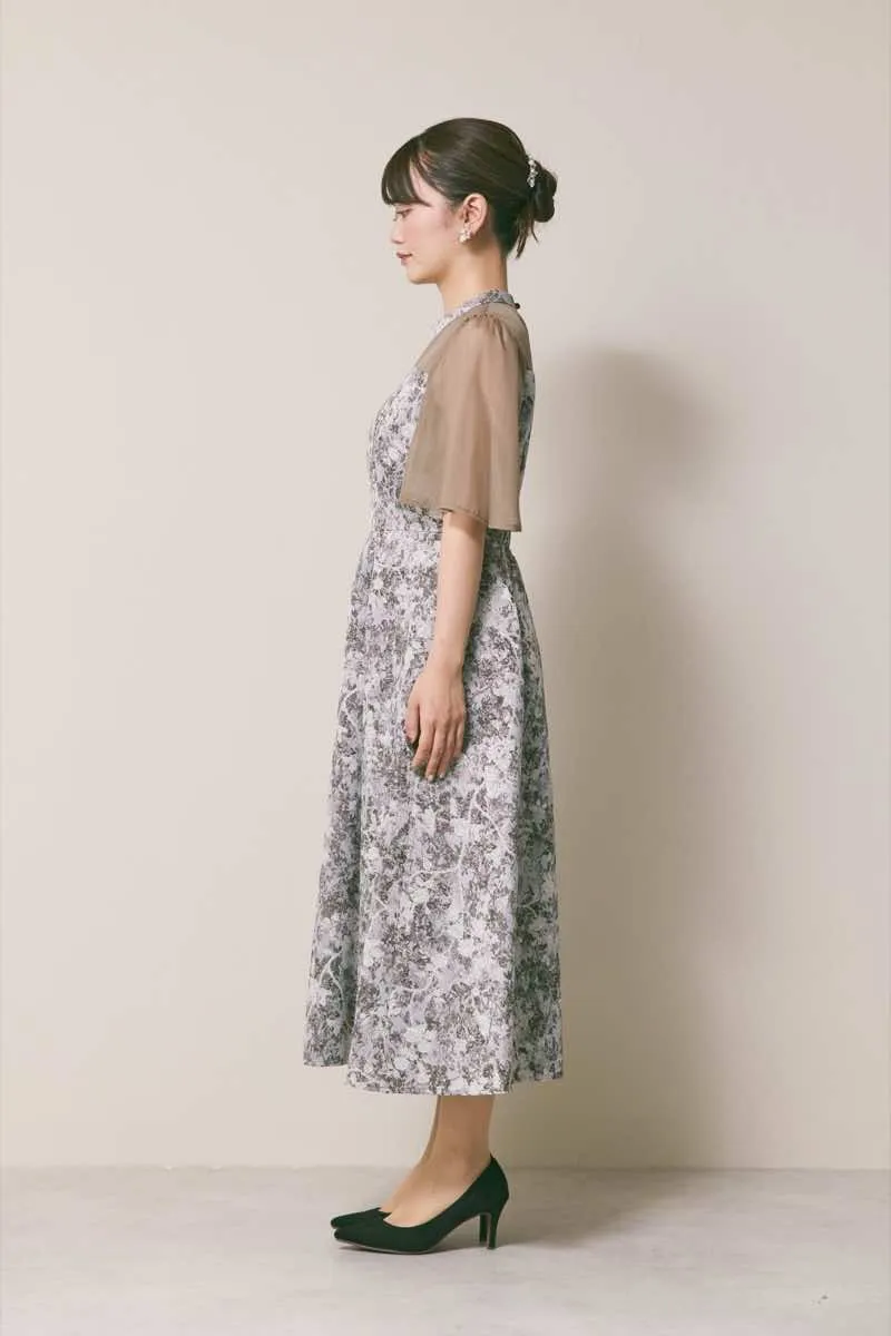 ブラウンのシフォンスリーブジャガードドレス