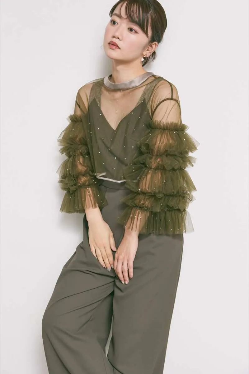 カーキのラッフルトップスパンツドレス