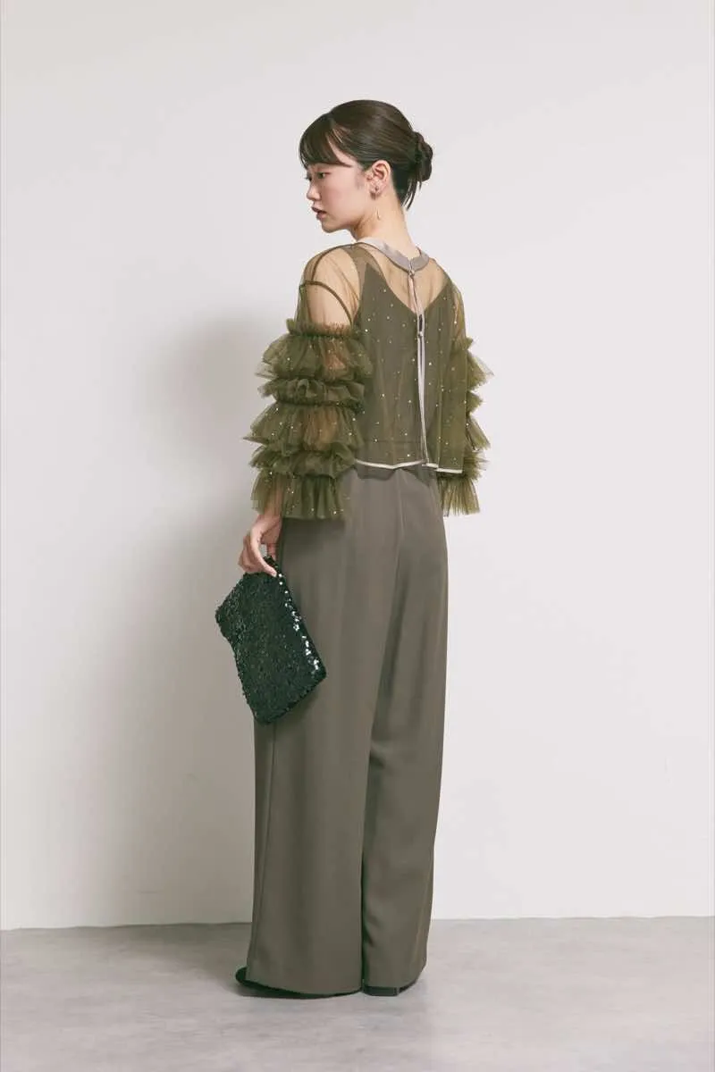 カーキのラッフルトップスパンツドレス