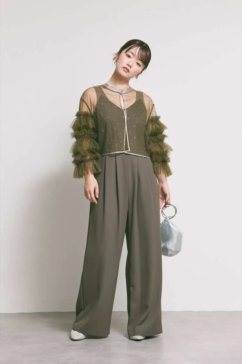カーキのラッフルトップスパンツドレス