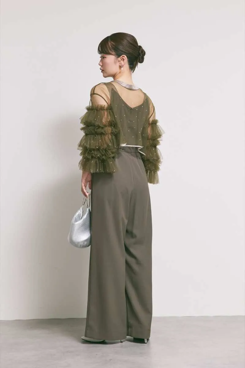 カーキのラッフルトップスパンツドレス