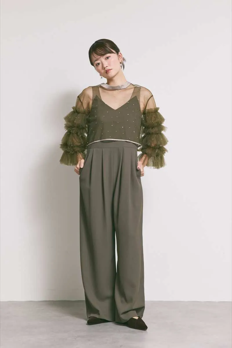 カーキのラッフルトップスパンツドレス