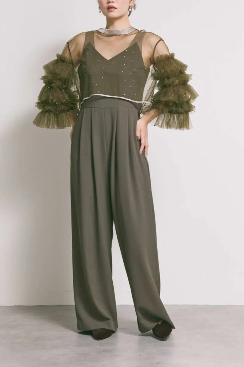 カーキのラッフルトップスパンツドレス