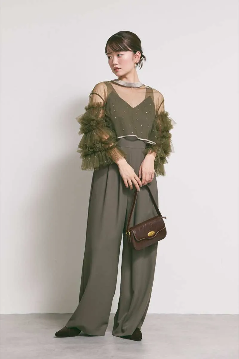 カーキのラッフルトップスパンツドレス