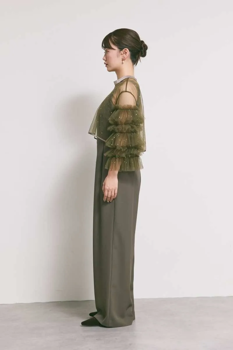 カーキのラッフルトップスパンツドレス