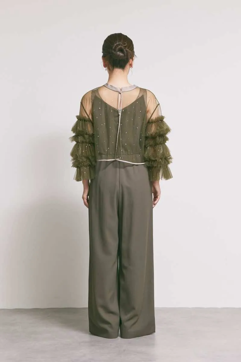 カーキのラッフルトップスパンツドレス