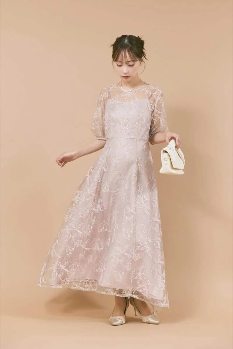 ピンクのラインフラワーランダムヘムドレス