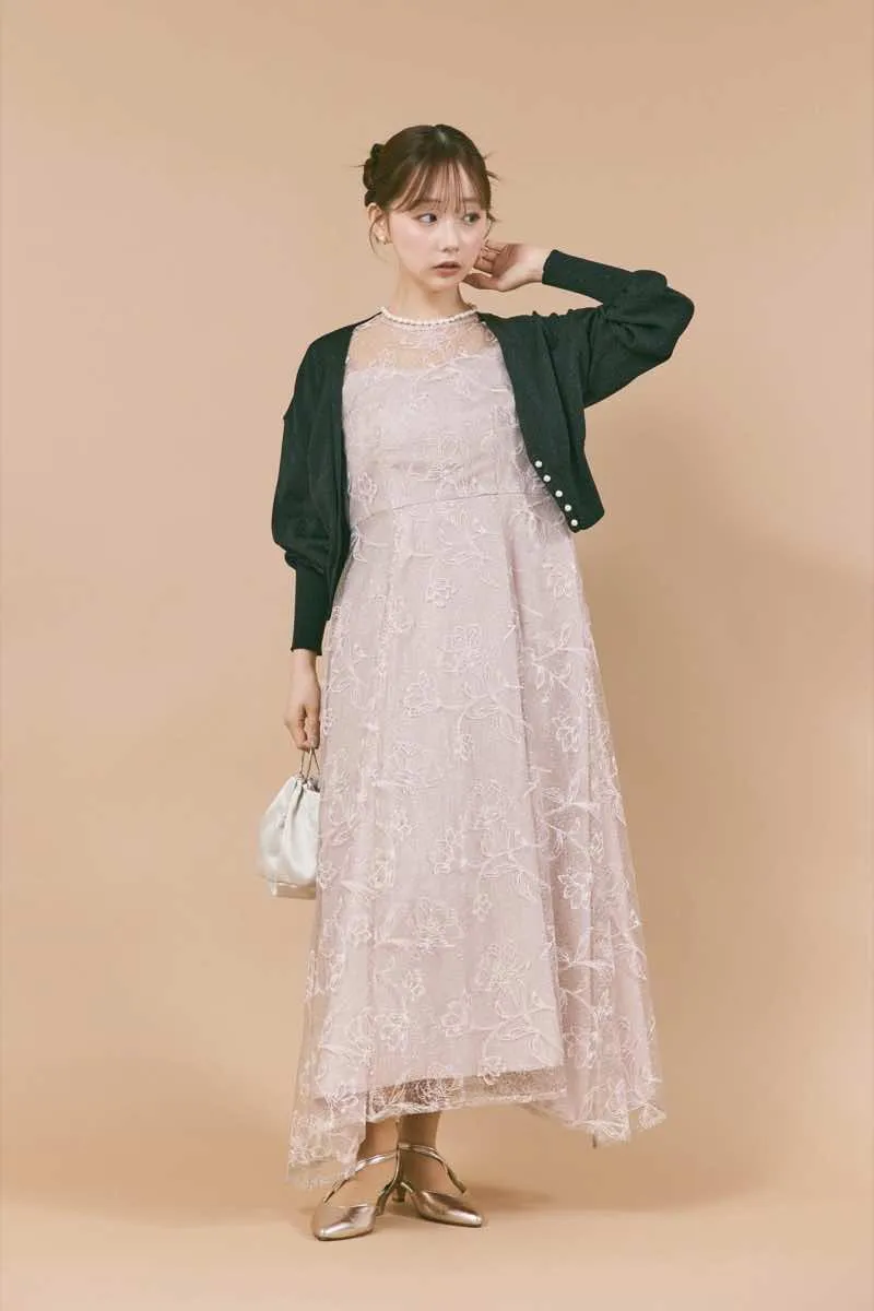 ピンクのラインフラワーランダムヘムドレス