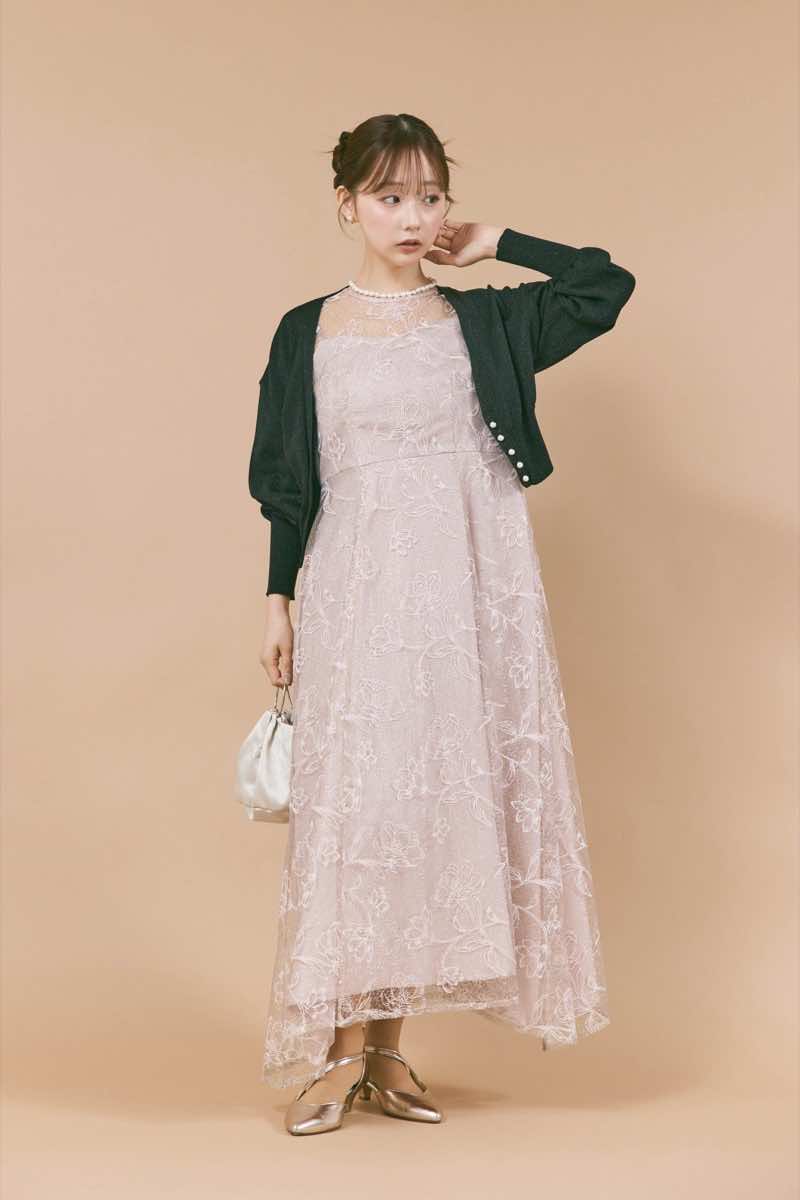 ピンクのラインフラワーランダムヘムドレス