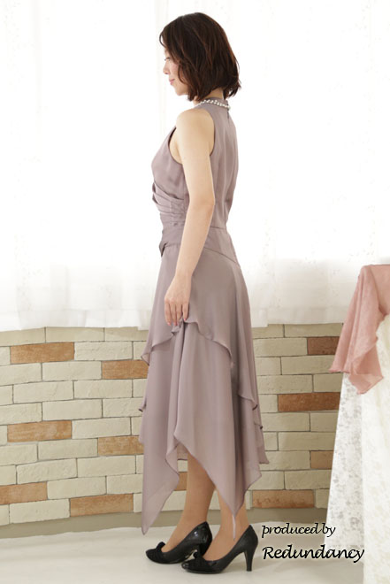 ラベンダーグレーの変形スカートロングドレス