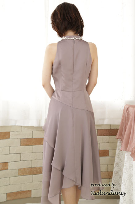 ラベンダーグレーの変形スカートロングドレス