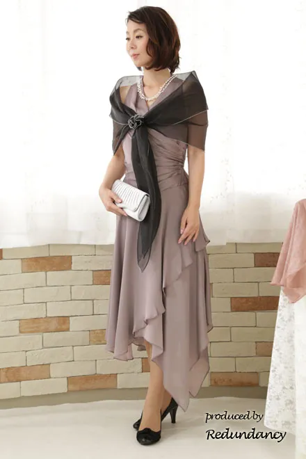 ラベンダーグレーの変形スカートロングドレス