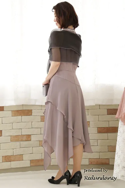 ラベンダーグレーの変形スカートロングドレス