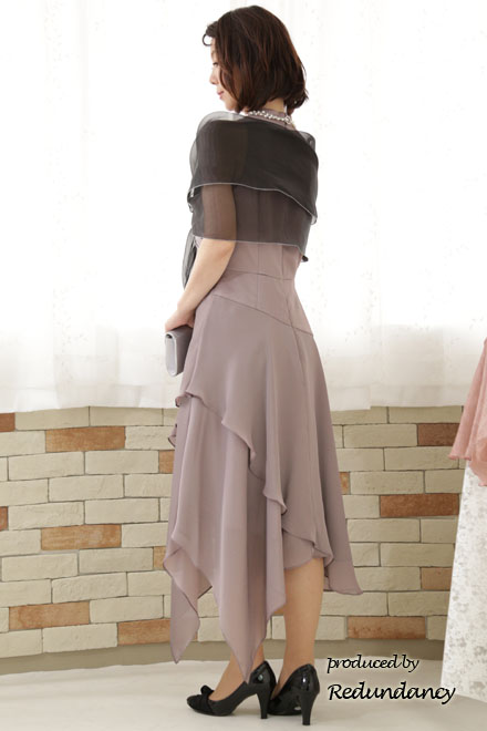 ラベンダーグレーの変形スカートロングドレス