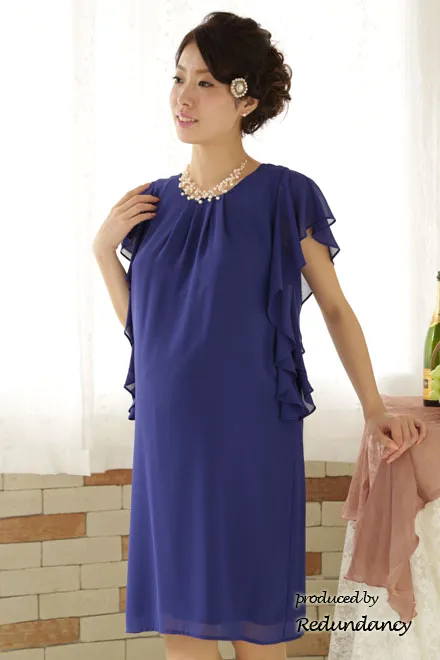 ブルーのフリルデザインスリーブミニ丈マタニティドレス