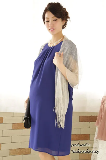 ブルーのフリルデザインスリーブミニ丈マタニティドレス