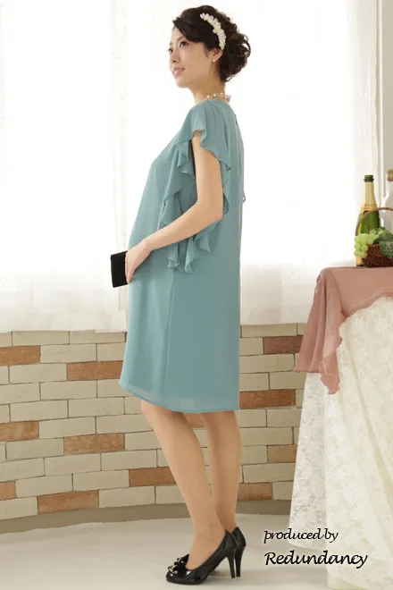 グリーンのフリルデザインスリーブミニ丈マタニティドレス