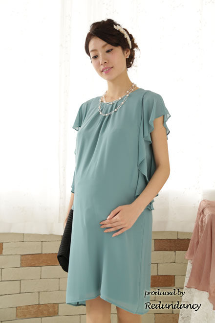 グリーンのフリルデザインスリーブミニ丈マタニティドレス