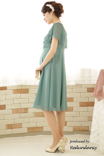 グリーンのハイウエスト切替シフォンマタニティドレス