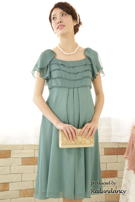 グリーンのハイウエスト切替シフォンマタニティドレス