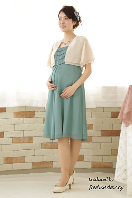 グリーンのハイウエスト切替シフォンマタニティドレス