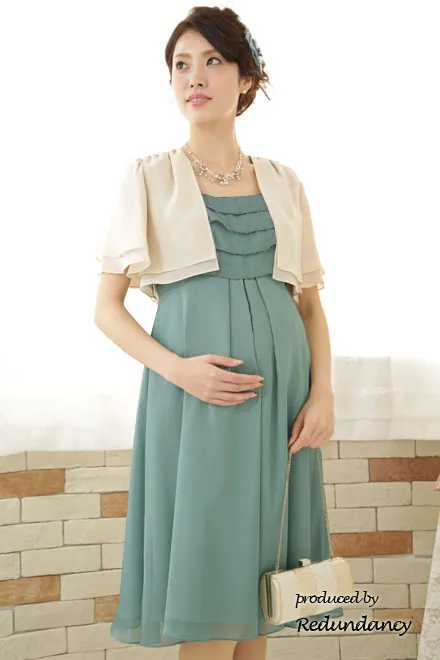 グリーンのハイウエスト切替シフォンマタニティドレス