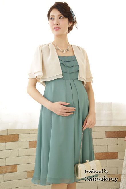 グリーンのハイウエスト切替シフォンマタニティドレス
