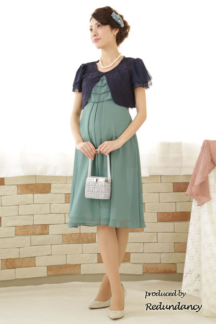 グリーンのハイウエスト切替シフォンマタニティドレス