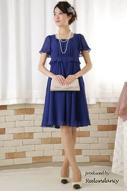 ロイヤルブルーのハイウエスト切替フリルシフォンドレス