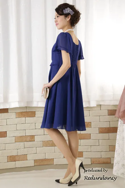 ロイヤルブルーのハイウエスト切替フリルシフォンドレス