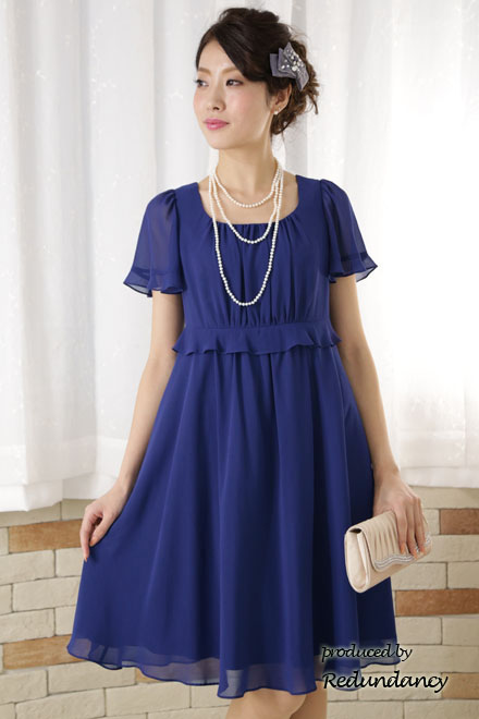 ロイヤルブルーのハイウエスト切替フリルシフォンドレス