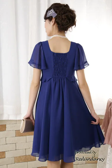 ロイヤルブルーのハイウエスト切替フリルシフォンドレス