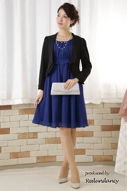 ロイヤルブルーのハイウエスト切替フリルシフォンドレス