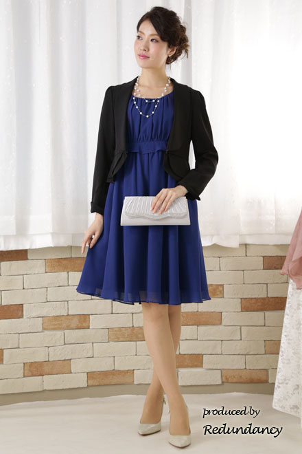 ロイヤルブルーのハイウエスト切替フリルシフォンドレス
