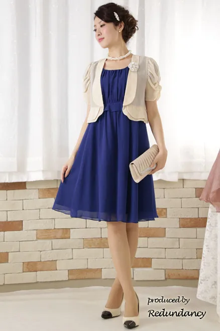 ロイヤルブルーのハイウエスト切替フリルシフォンドレス
