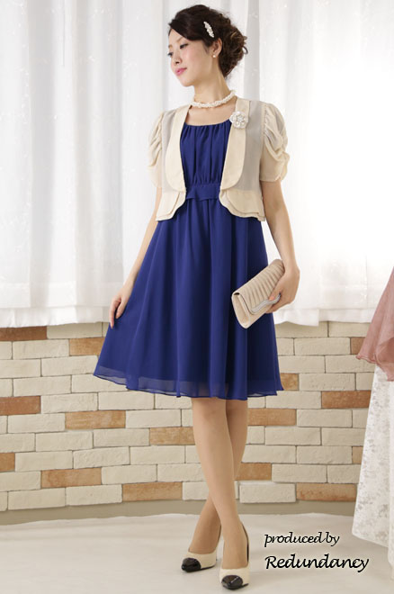 ロイヤルブルーのハイウエスト切替フリルシフォンドレス