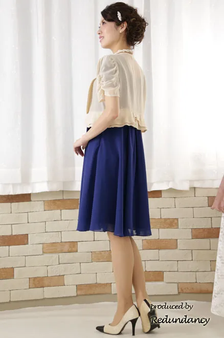 ロイヤルブルーのハイウエスト切替フリルシフォンドレス